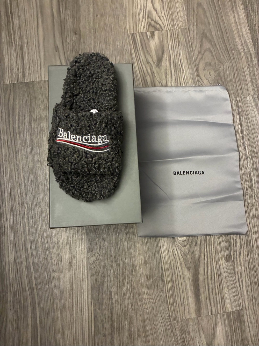 Balenciaga Black Curly Shearling Slide with Embroidered Logo